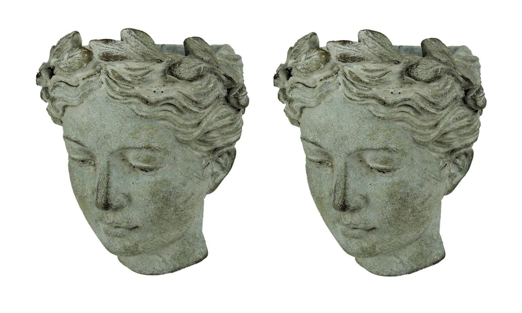 Front. Distinctive Designs - Distressed Cement Classic Grecian Lady Head Indoor/Outdoor Hanging Planters Set - Gray.