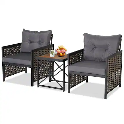 Front. Gymax - Gymax 3PCS Rattan Furniture Set Acacia Wood Coffee Table & 2 Chairs Backyard Patio - Brown.