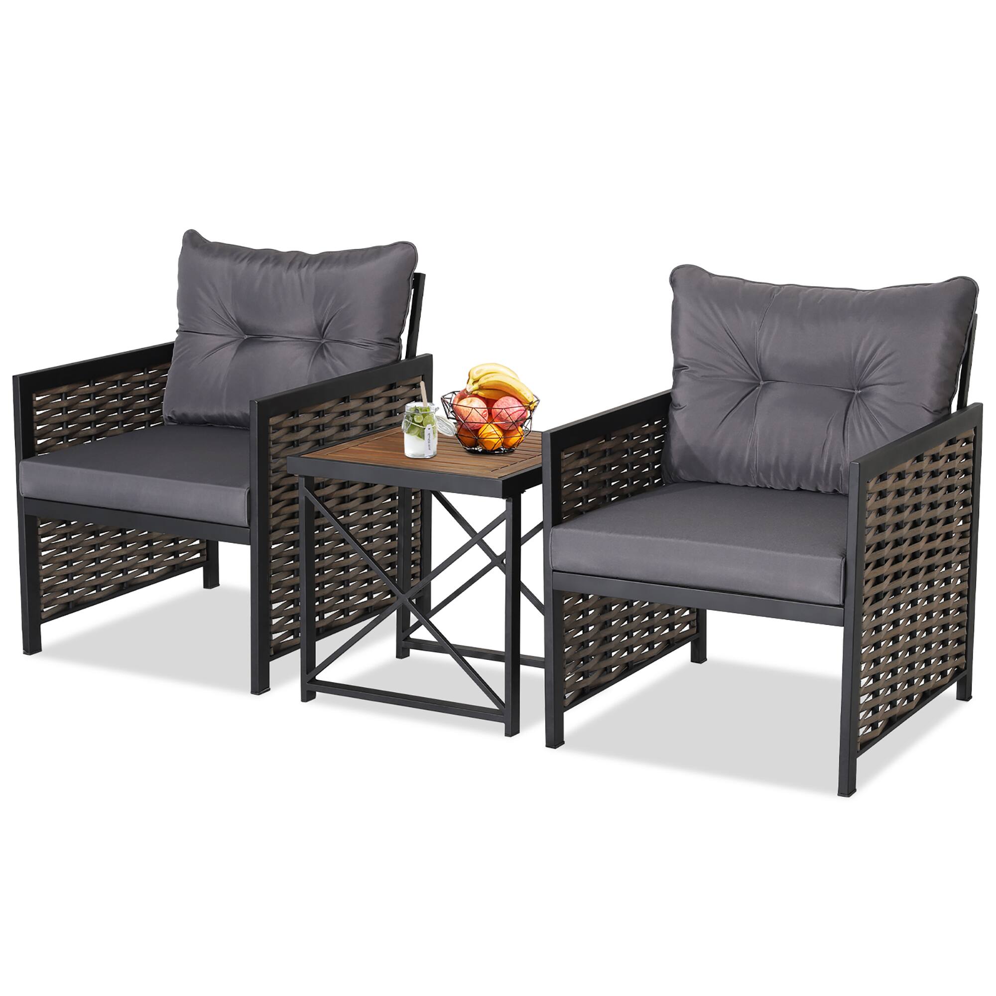 Front. Gymax - Gymax 3PCS Rattan Furniture Set Acacia Wood Coffee Table & 2 Chairs Backyard Patio - Brown.