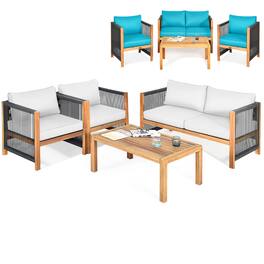 Gymax - Set Of 4 Wood Outdoor Patio Furniture Set w/Cushions White Turquoise Cushion Cover Sets - White, Turquoise