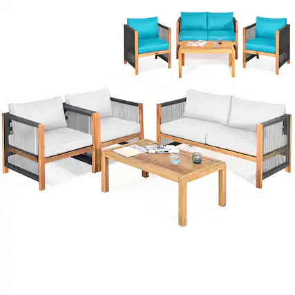 Front. Gymax - Gymax Set Of 4 Wood Outdoor Patio Furniture Set w/Cushions White Turquoise Cushion Cover Sets - White, Turquoise.