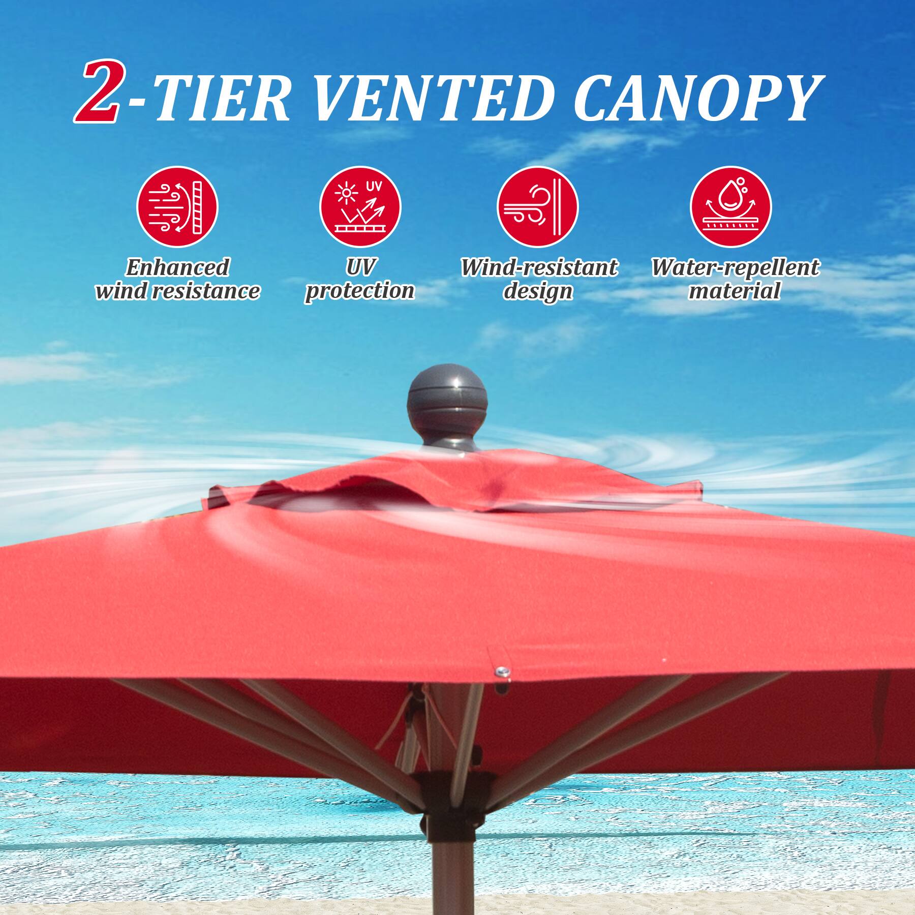 2-TIER VENTED CANOPY

- Enhanced wind resistance
- UV protection
- Wind-resistant design
- Water-repellent material