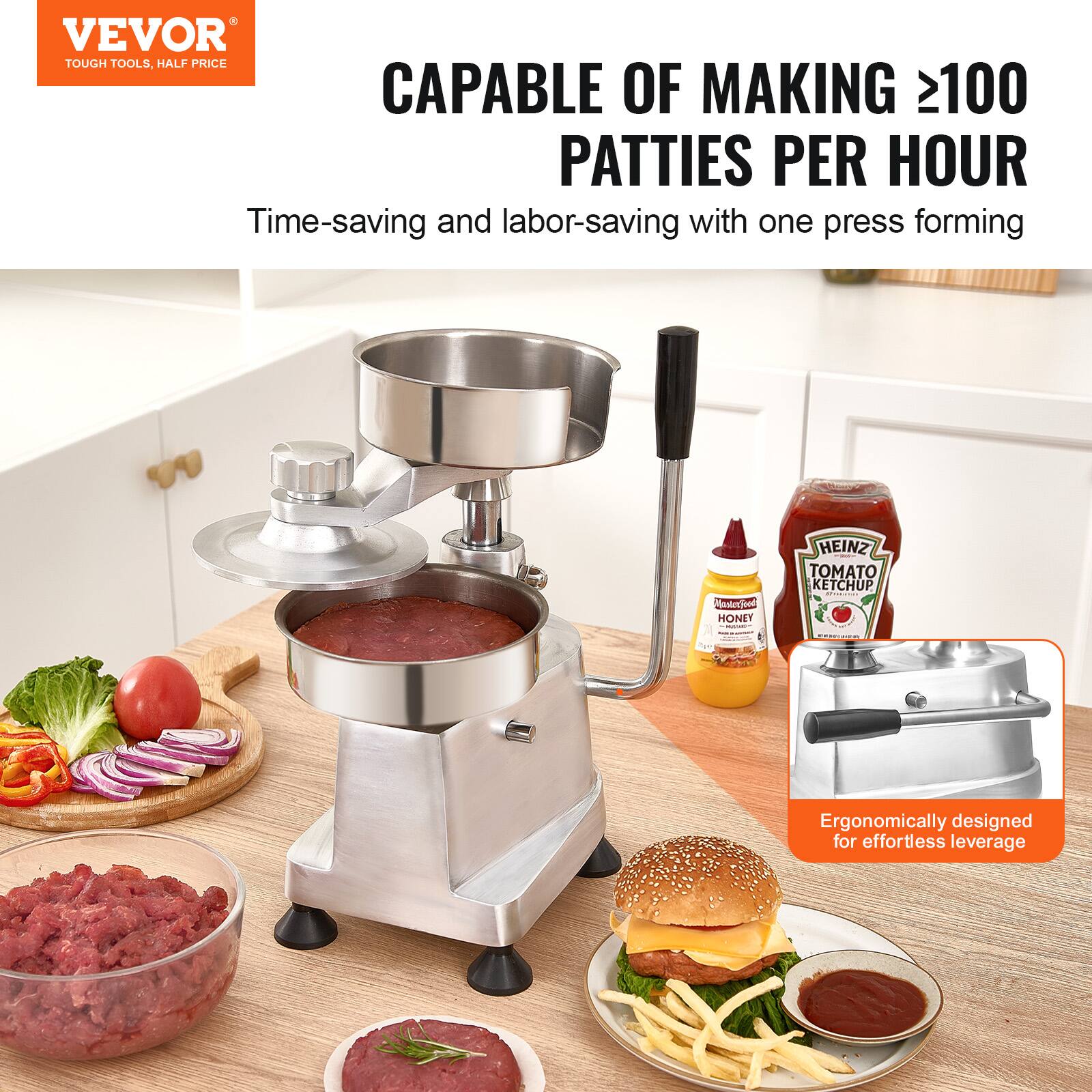 VEVOR  
TOUGH TOOLS, HALF PRICE  

CAPABLE OF MAKING ≥100 PATTIES PER HOUR  
Time-saving and labor-saving with one press forming  

Ergonomically designed for effortless leverage