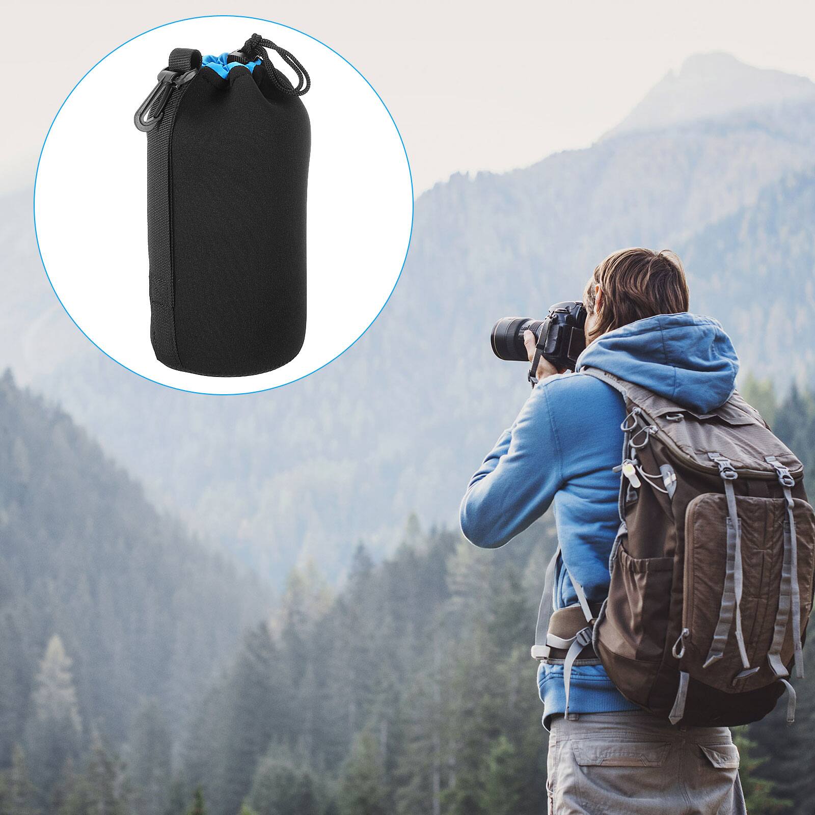 Alt View 6. Unique Bargains - Camera Lens Bag, 2pcs 3.7"x9.8" Drawstring Pouch with Thick Neoprene for DSLR Lens, Water Coffee Cups - Black Blue.