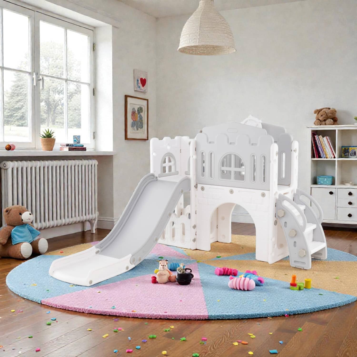 BreeBe - Multi-Activity L-Shaped Slide for Kids Featuring 9 Functions, Hoop, and Wheel - Gray