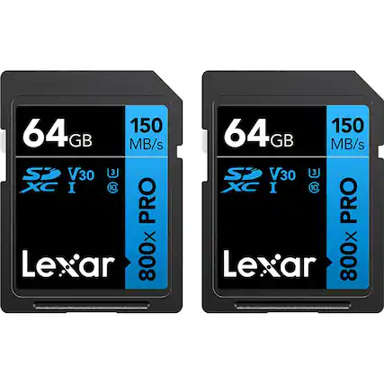 64GB
150 MB/s
SDXC I
V30
U3
10
800x PRO
Lexar
64GB
150 MB/s
SDXC I
V30
U3
10
800x PRO
Lexar