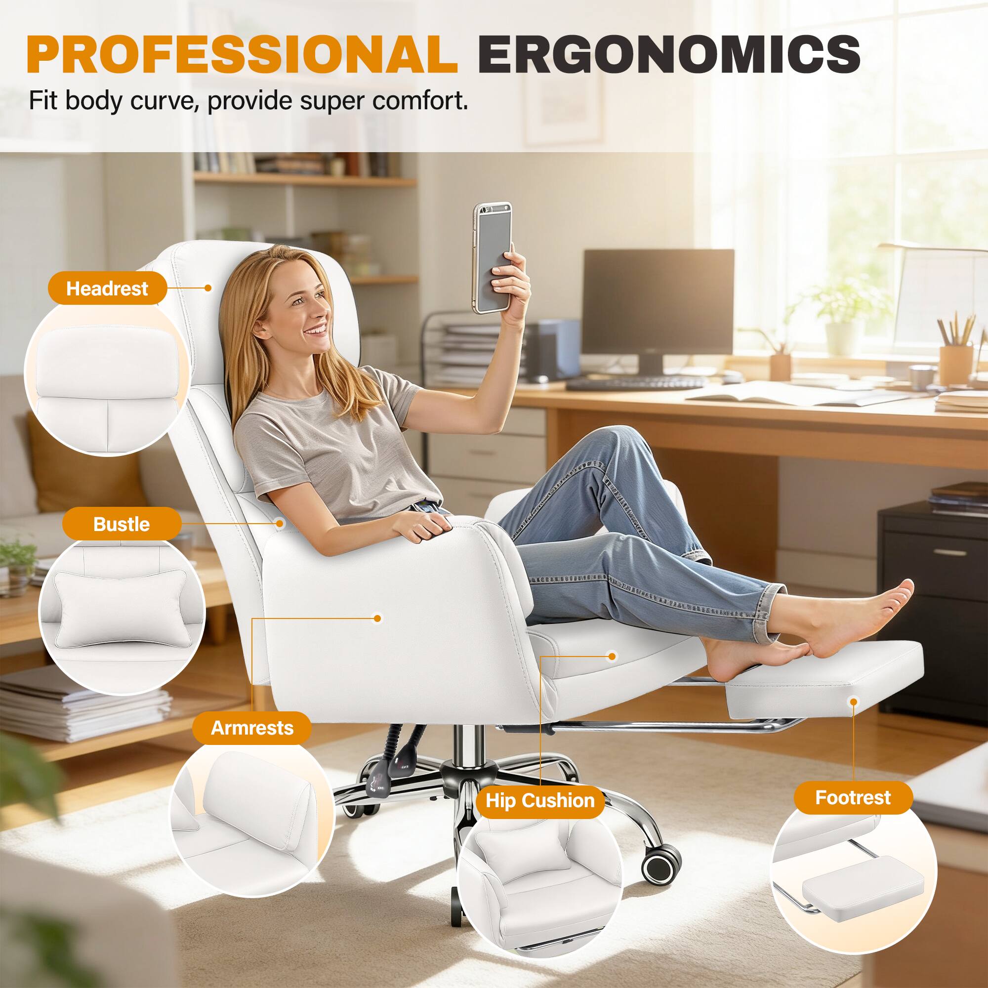 PROFESSIONAL ERGONOMICS  
Fit body curve, provide super comfort.

- Headrest
- Bustle
- Armrests
- Hip Cushion
- Footrest