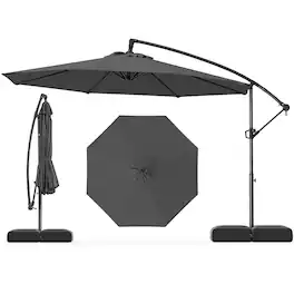 Gymax - 10 FT Offset Hanging Umbrella w/ Base Patio Cantilever Umbrella 360° Rotation - Gray