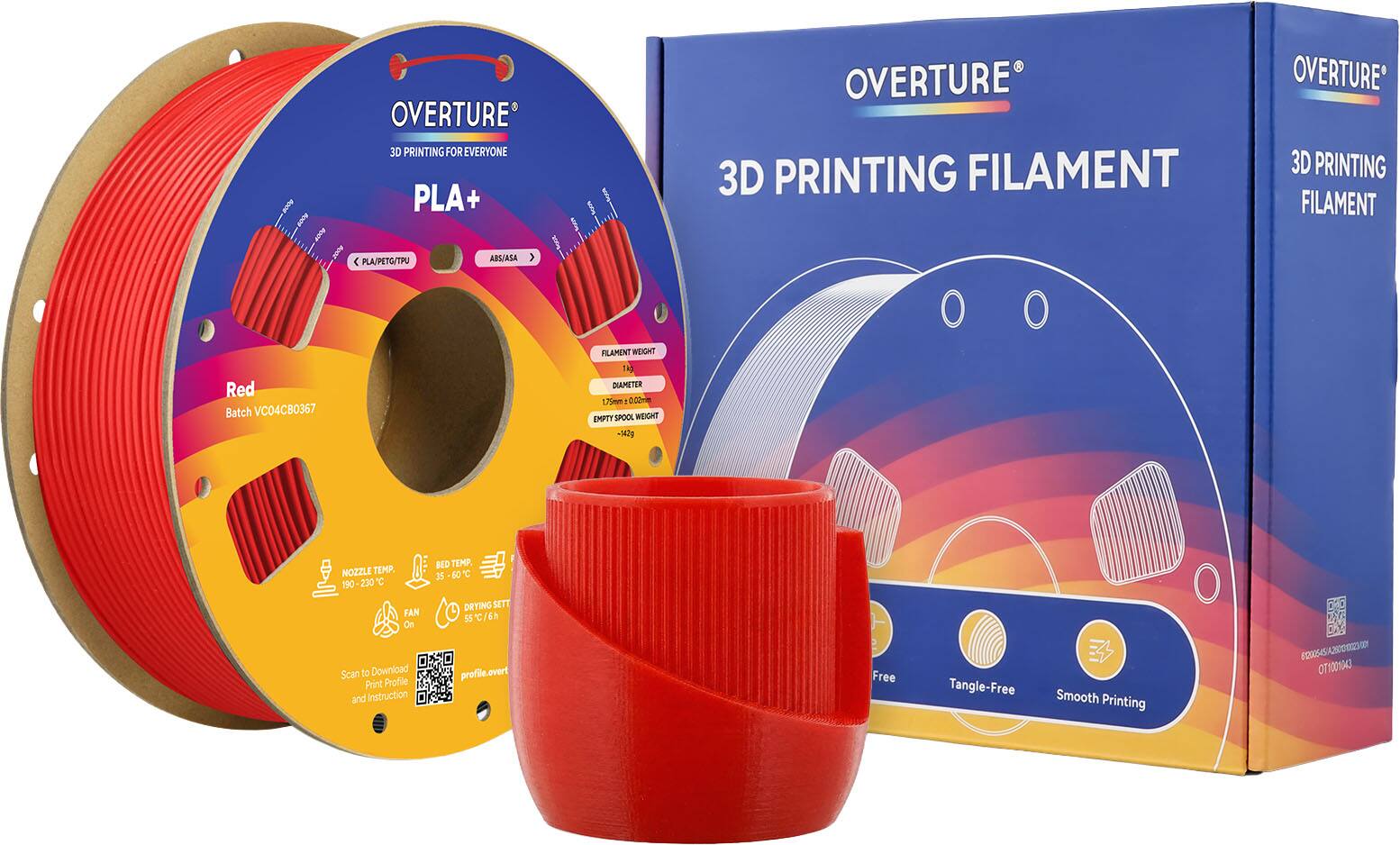 OVERTURE 3D PRINTING FOR EVERYONE PLA+ PLA/PETG/TPU ABS/ASA OVERTURE 3D PRINTING FILAMENT OVERTURE 3D PRINTING FILAMENT Red Batch VC04CB0367 FILAMENT WEIGHT 1kg DIAMETER 1.75mm - 0.00mm EMPTY SPOOL WEIGHT -142g NOZZLE TEMP, 190-230°C FAN On BED TEMP, 35-60°C DRYING SETT 55°C/6h profile.overt Free Tangle-Free Smooth Printing 00545/A2502 T100134