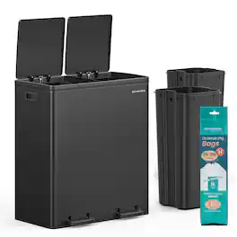 Songmics Home - Trash Can, 2 x 8 Gallon (2 x 30 L) Garbage Can for Kitchen, with 15 Trash Bags, 2 Compartments - Black