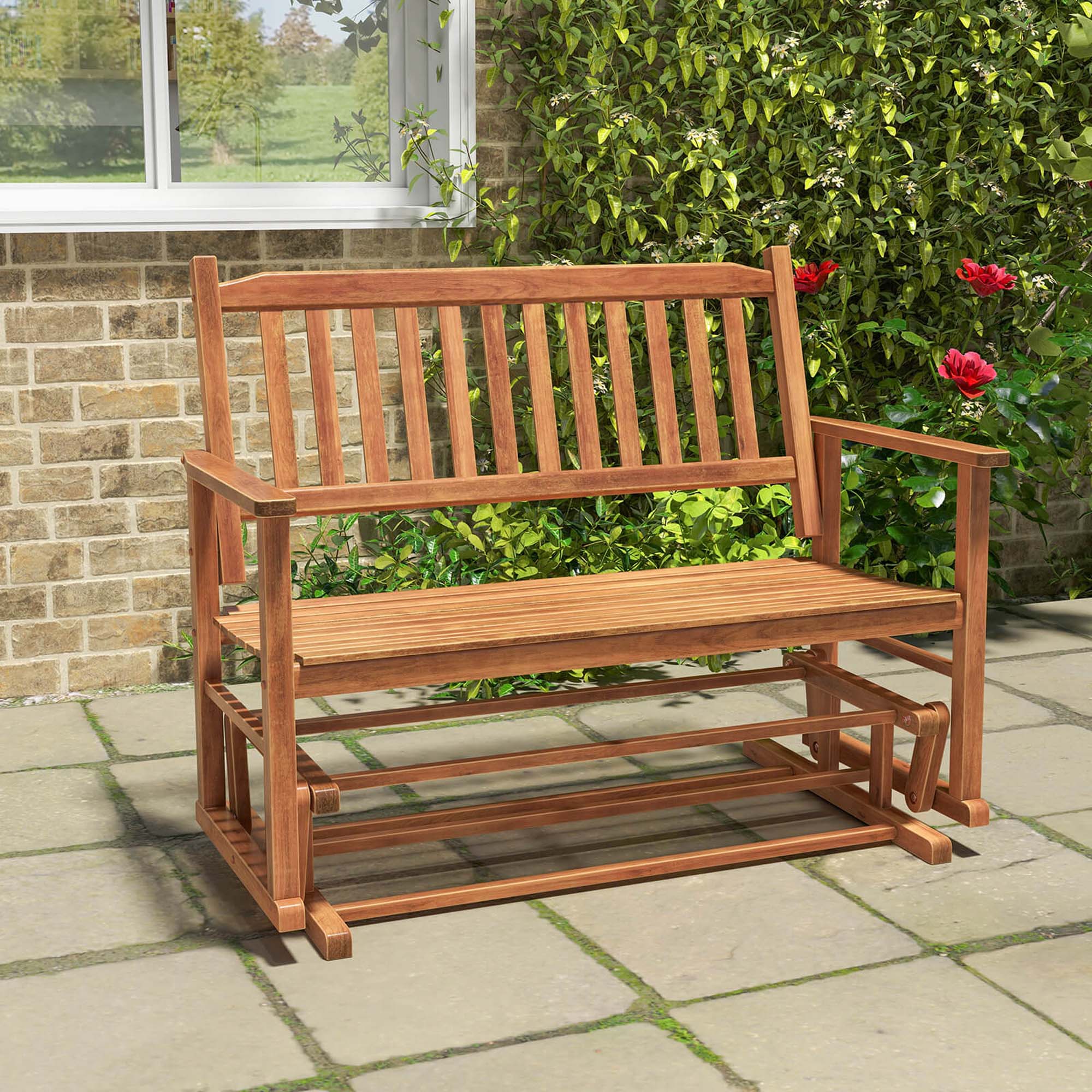 Alt View 1. Costway - Patio Glider Loveseat Chair Swing Rocking Bench with Slatted Seat & Curved Backrest - Natural.