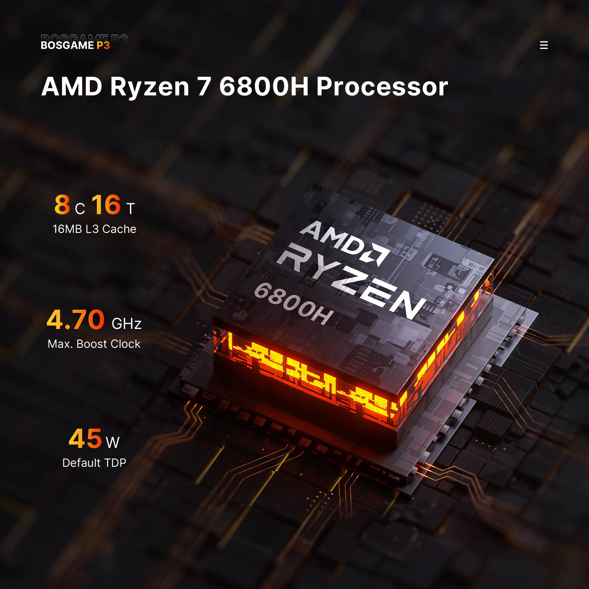 BOSGAME P3  
AMD Ryzen 7 6800H Processor  
8 C 16 T  
16MB L3 Cache  
4.70 GHz Max. Boost Clock  
45 W Default TDP