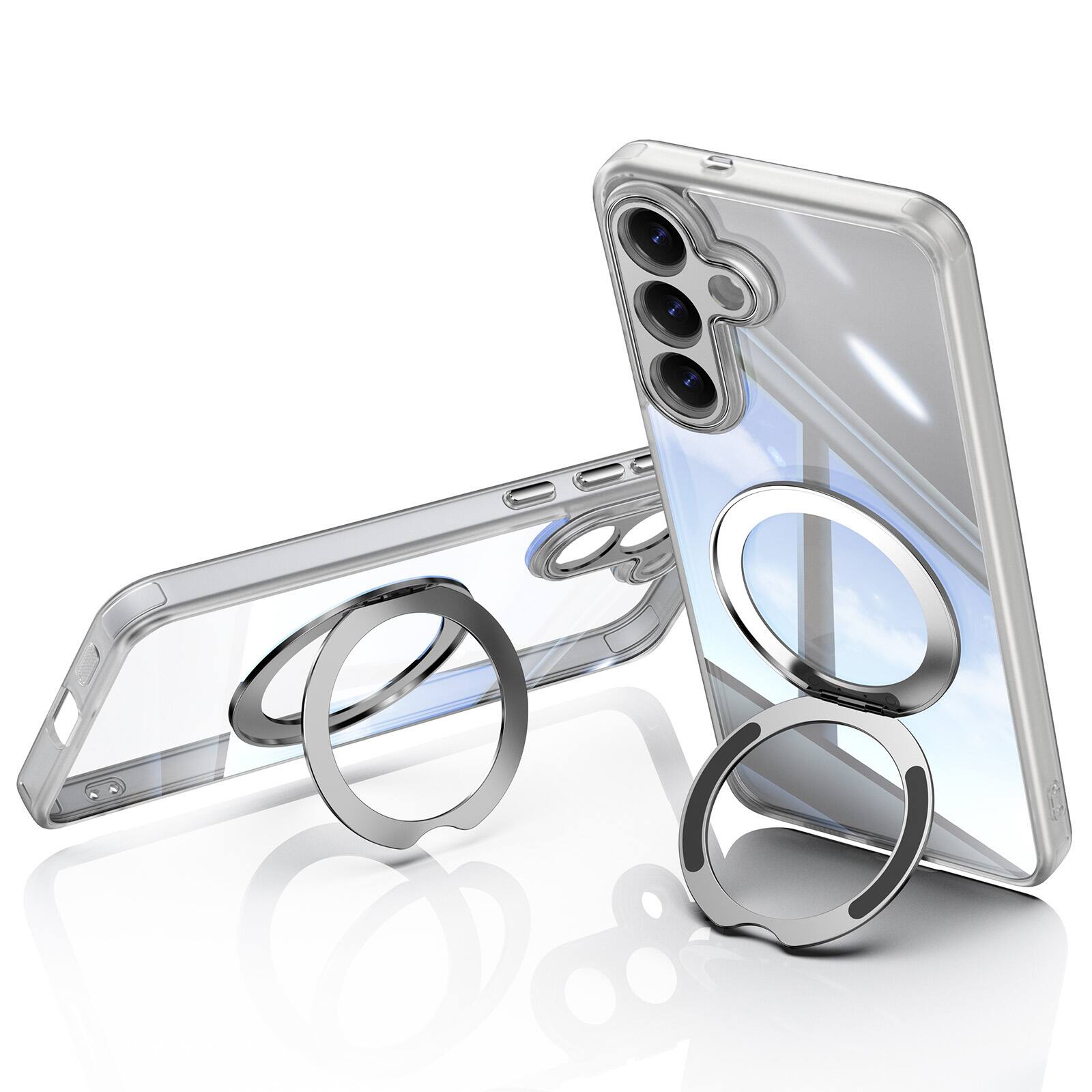 Back. Dteck - Magnetic Clear Case For Samsung Galaxy S26, Shockproof Anti-Scratch 360° Ring Holder Stand PC+TPU Protection Cover - White.