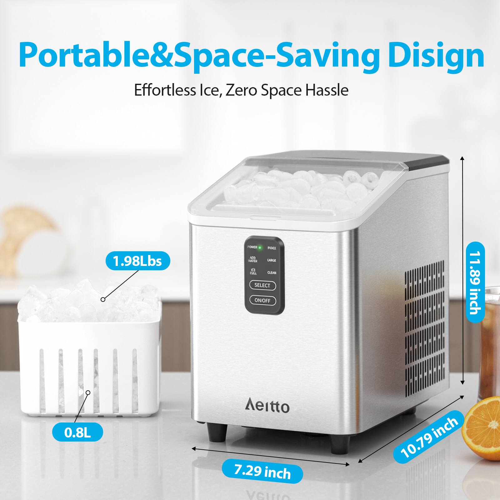 Portable & Space-Saving Design  
Effortless Ice, Zero Space Hassle  

1.98 Lbs  
0.8 L  
11.89 inch  
10.79 inch  
7.29 inch