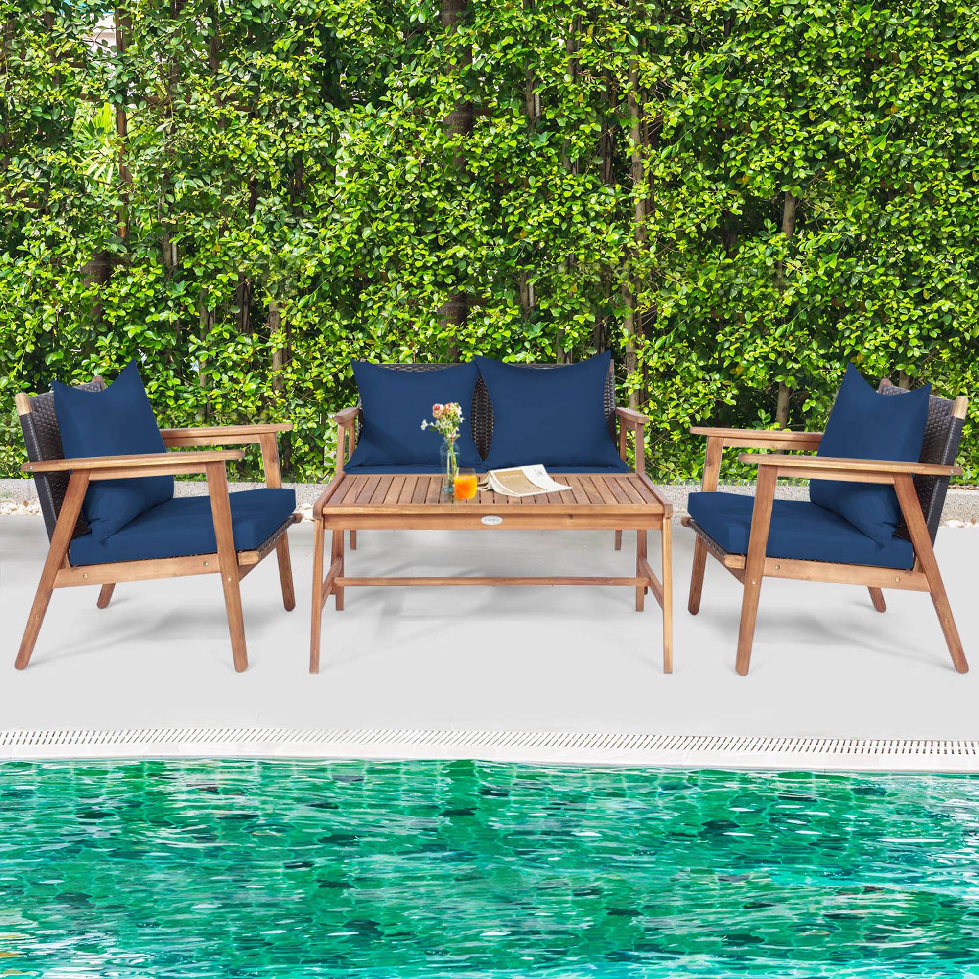 Alt View 2. Gymax - Gymax 4PCS Patio Conversation Set Wood Frame Furniture Set w/ Navy Cushions - Navy.