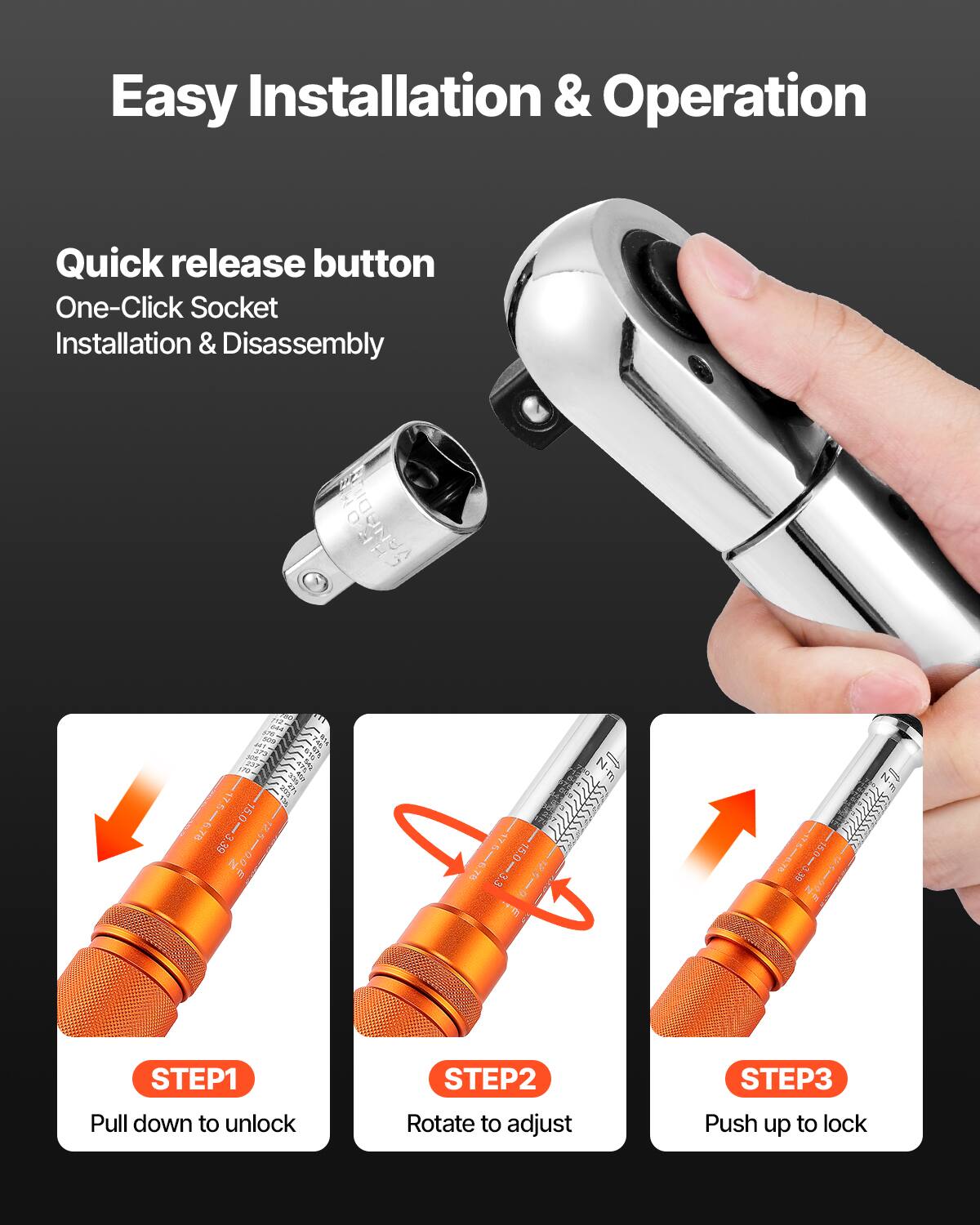 Easy Installation & Operation

Quick release button  
One-Click Socket  
Installation & Disassembly

STEP1  
Pull down to unlock

STEP2  
Rotate to adjust

STEP3  
Push up to lock