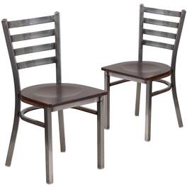 Emma + Oliver - 2 Pack Clear Coated Ladder Back Metal Restaurant Chair - Walnut Wood Seat/Clear Coated Metal Frame