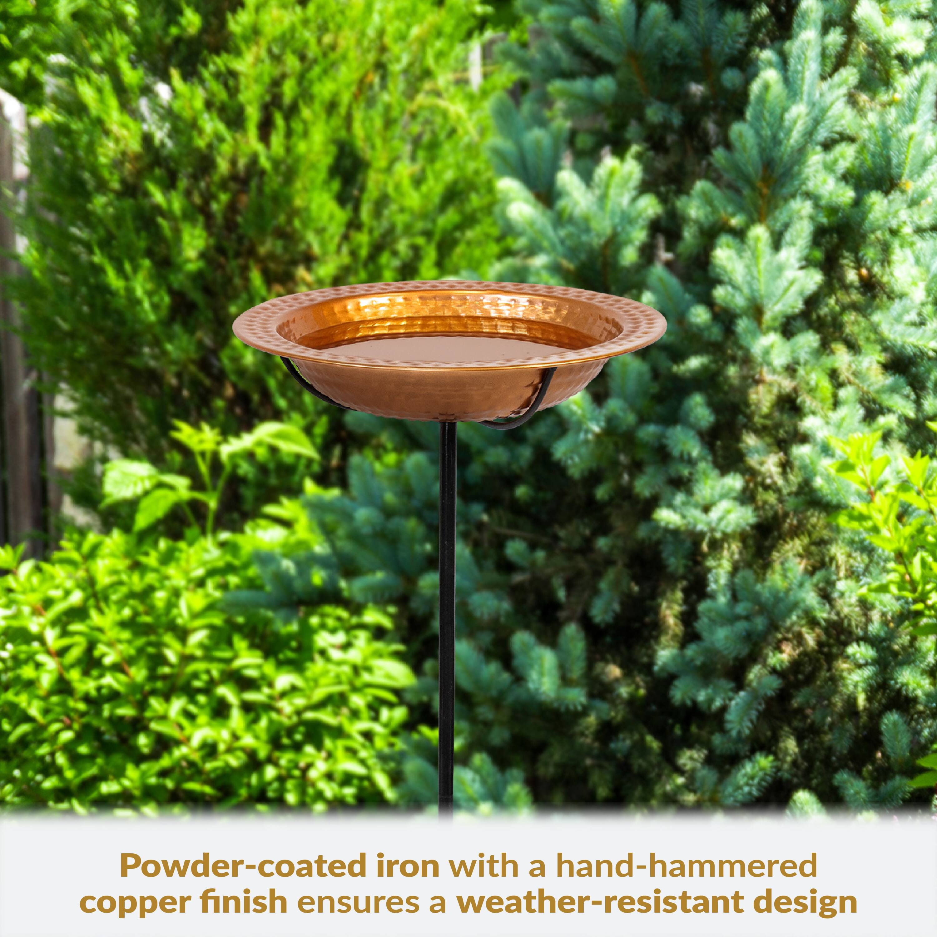 Powder-coated iron with a hand-hammered copper finish ensures a weather-resistant design
