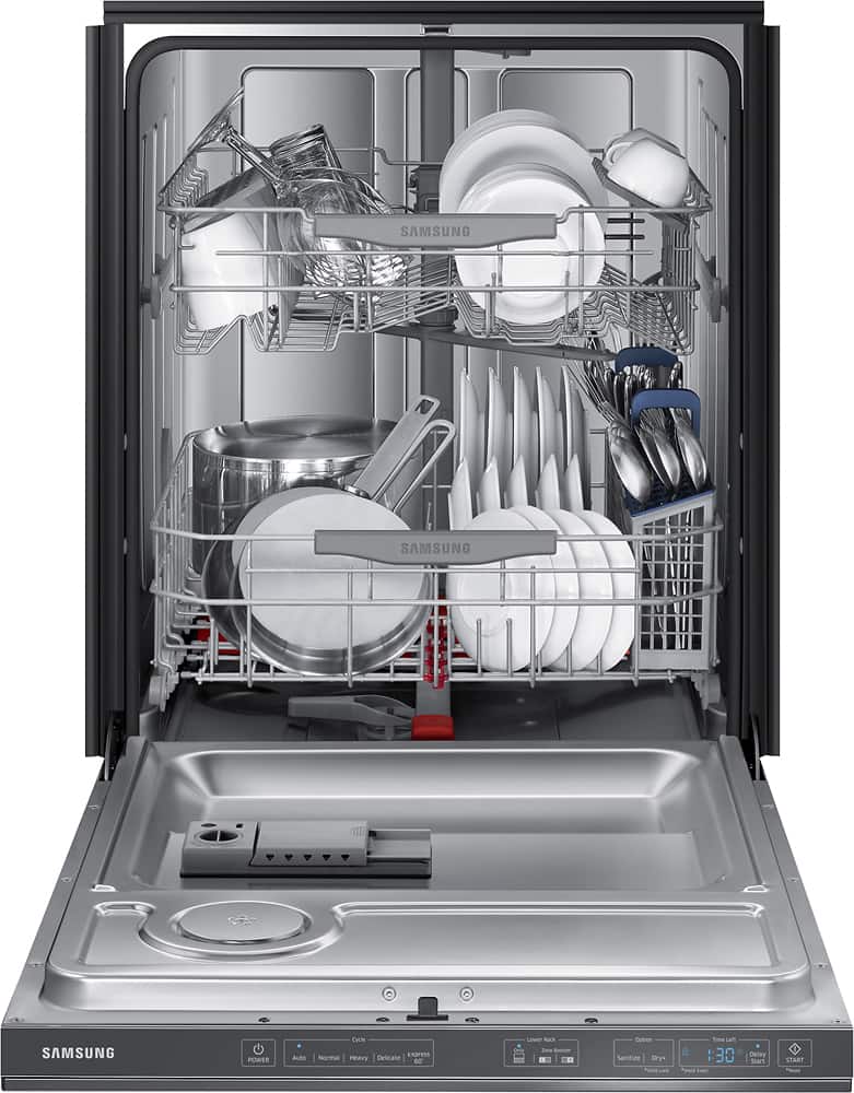 The image shows a Samsung dishwasher with its door open, revealing a silver interior and a rack full of dishes. The dishwasher is filled with various dishes, including bowls, cups, and spoons. The dishes are arranged neatly in the dishwasher, with some placed on the top rack and others on the bottom rack. The dishwasher is designed to efficiently clean and sanitize the dishes, ensuring that they are ready for use after the washing process is complete.