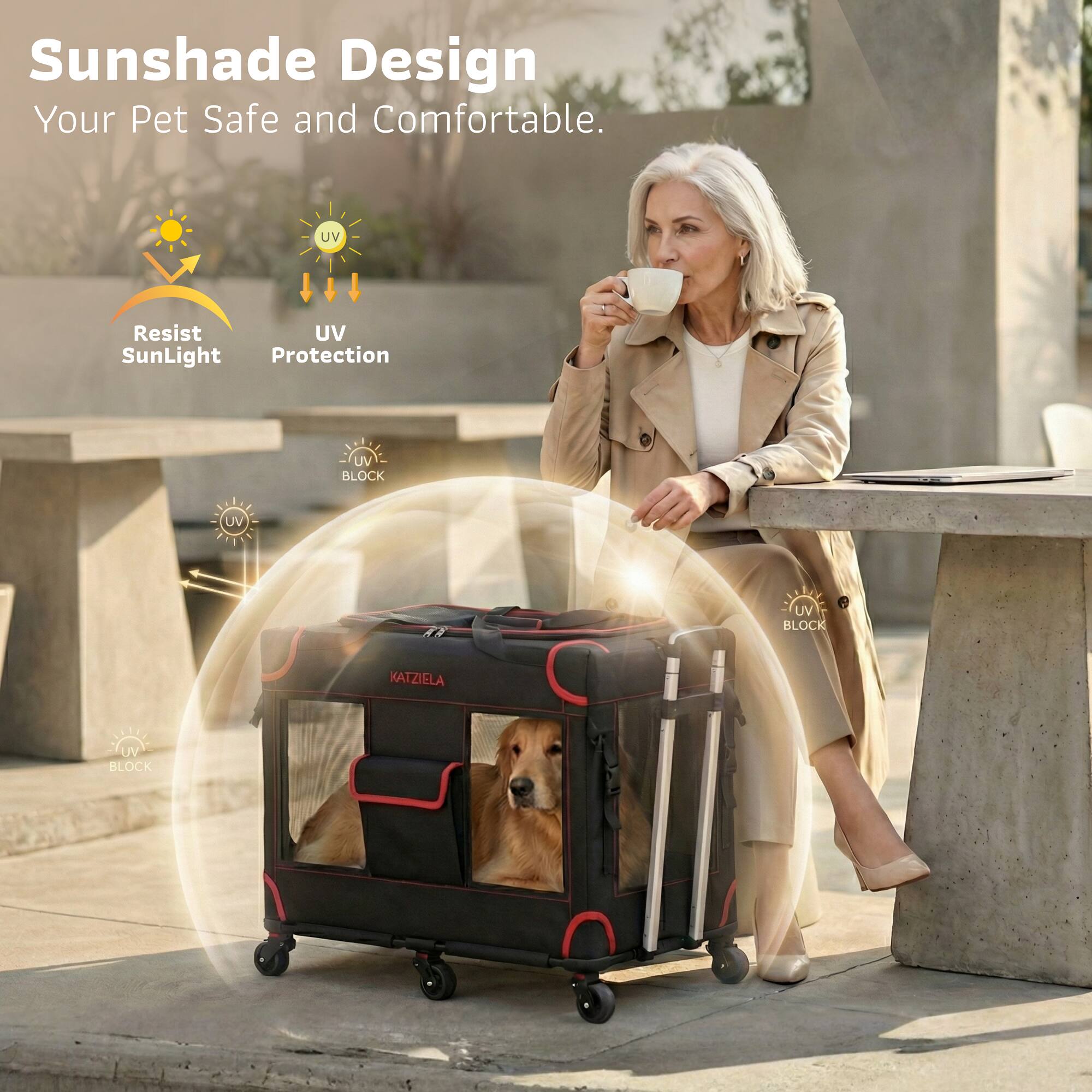 Sunshade Design  
Your Pet Safe and Comfortable.  

Resist SunLight  
UV Protection  

UV BLOCK  
UV BLOCK  
KATZIELA  
UV BLOCK