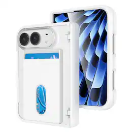 Dteck - for Apple iPhone Duo Slim Card Slots Case,Hinge Protection Bulit in Screen Protector Rugged Hard PC Back Card Pocket - White