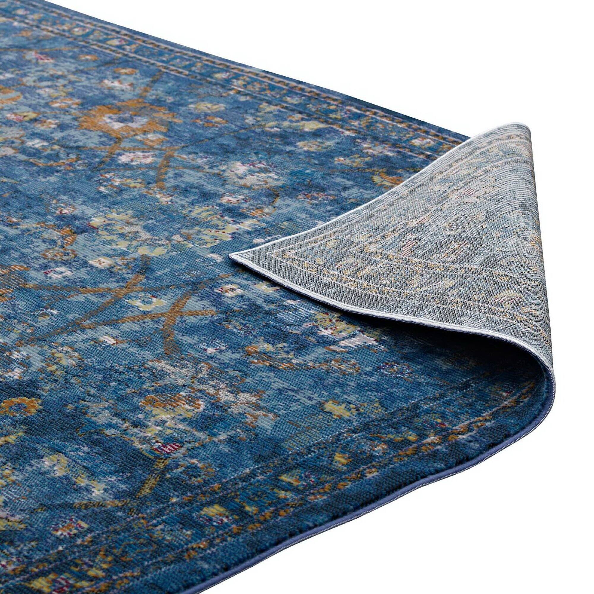 Alt View 3. Modway - Minu Distressed Floral Lattice Area Rug - Dark Blue Yellow and Orange.