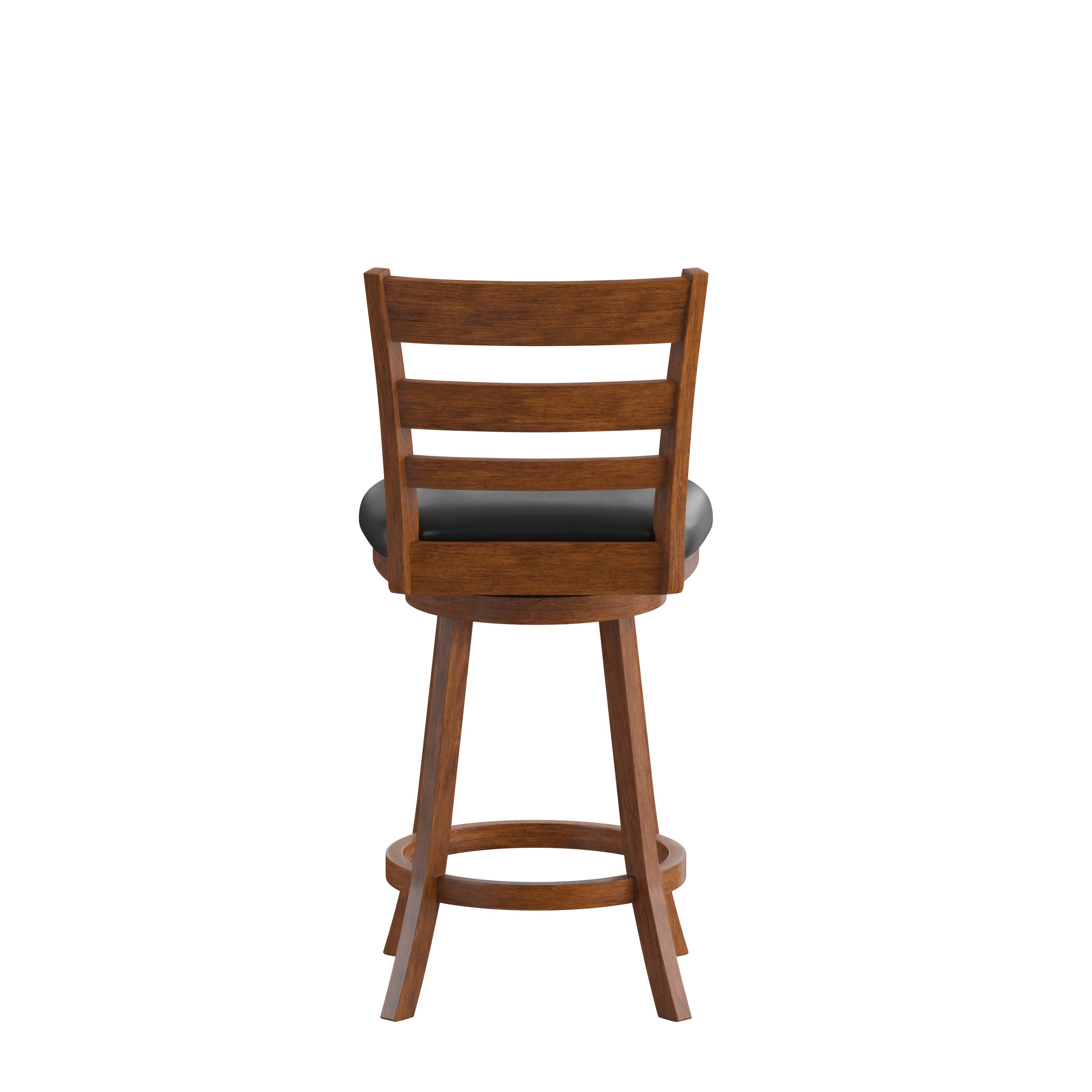 Back. Flash Furniture - Zerrick Commercial Grade Wood Classic Ladderback Swivel Counter Height Barstool with Padded Black LeatherSoft Seat, Anti - Brown.