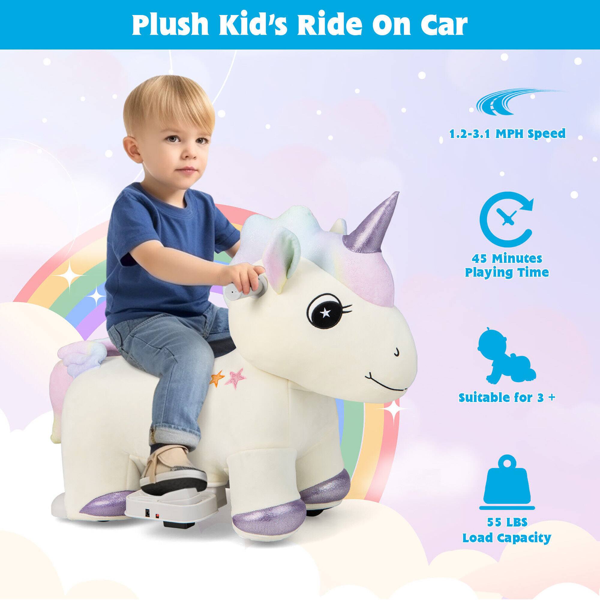 Plush Kid's Ride On Car

- 1.2-3.1 MPH Speed
- 45 Minutes Playing Time
- Suitable for 3+
- 55 LBS Load Capacity