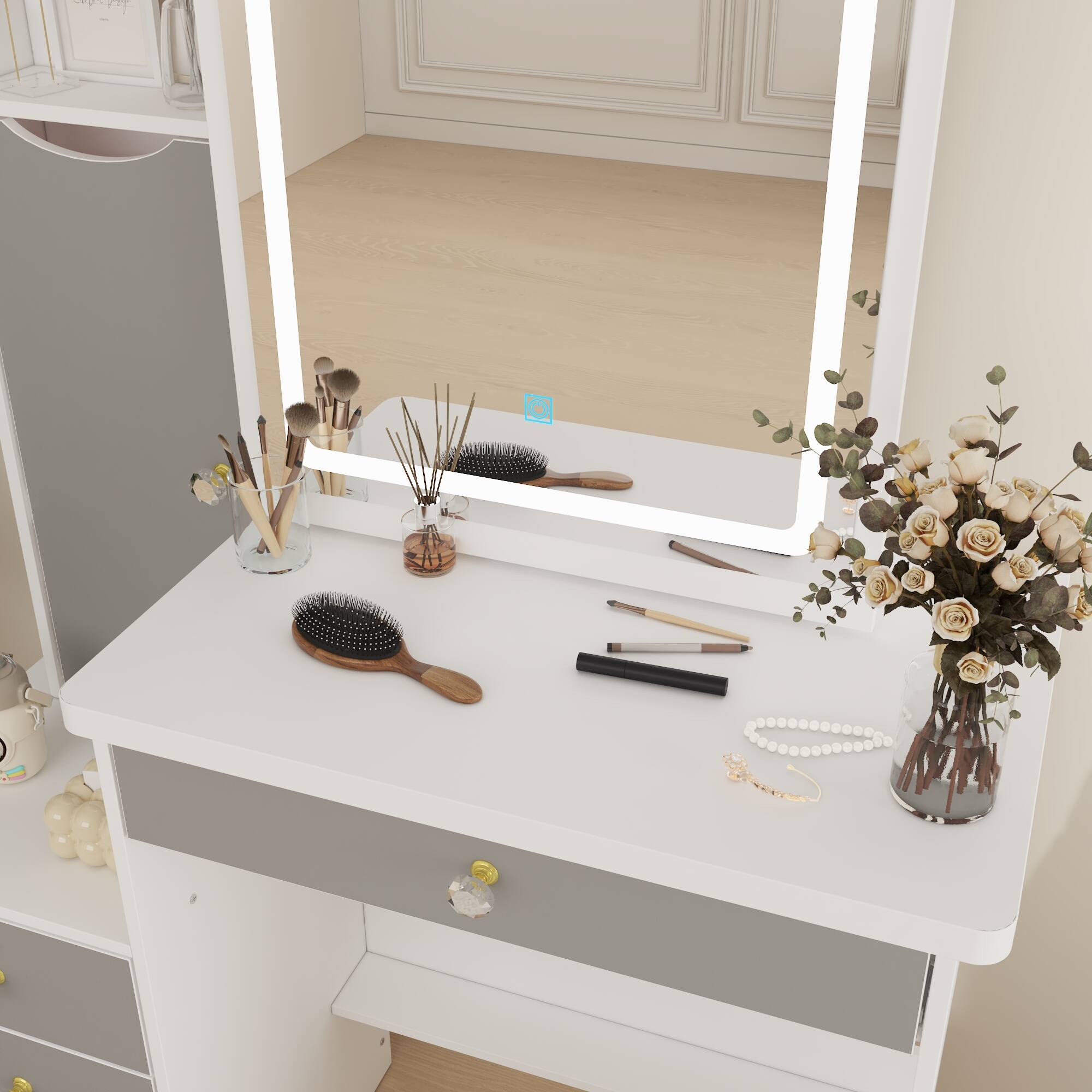 Alt View 1. Famapy - LED Vanity Table with Precision Storage: Your Ultimate Makeup & Jewelry Organizer - White.