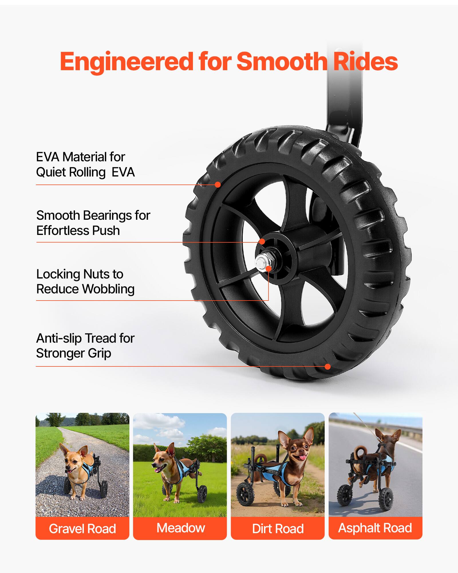 Engineered for Smooth Rides

- EVA Material for Quiet Rolling
- Smooth Bearings for Effortless Push
- Locking Nuts to Reduce Wobbling
- Anti-slip Tread for Stronger Grip

Gravel Road  
Meadow  
Dirt Road  
Asphalt Road