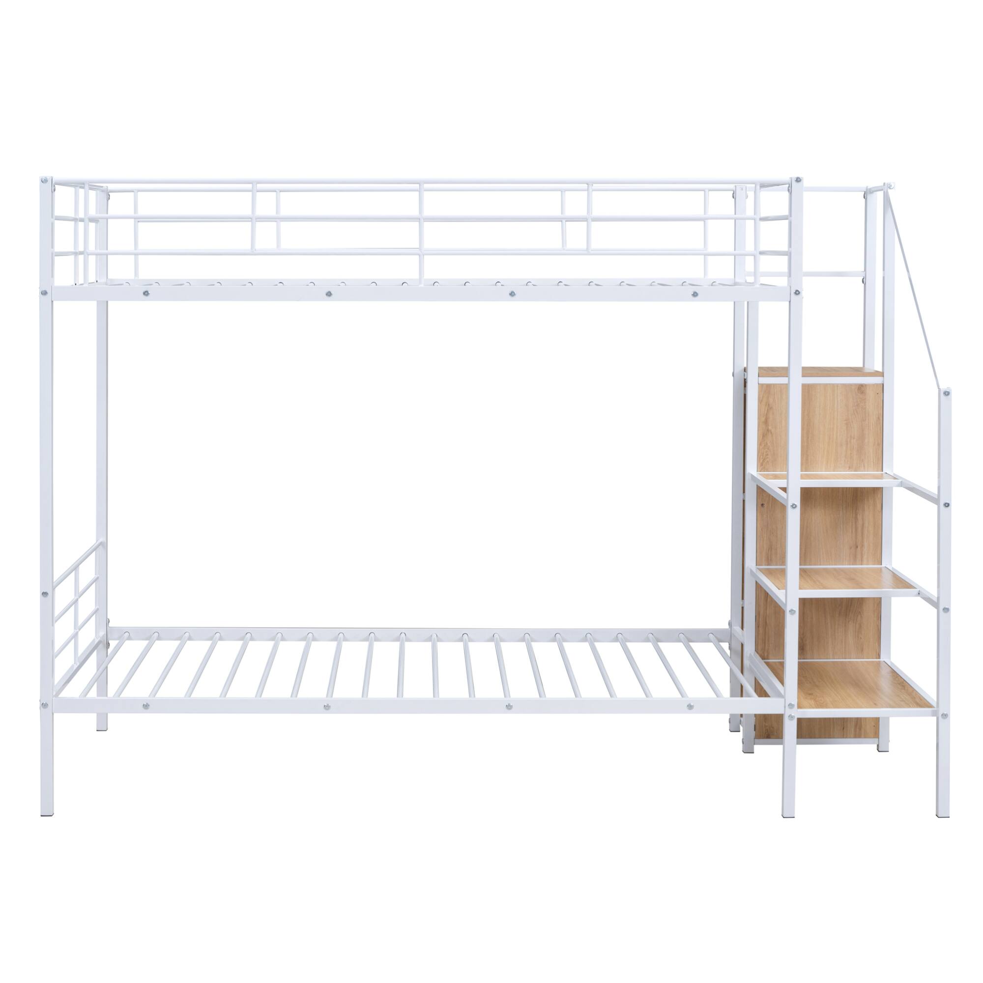 Left. GOODSILO - Contemporary Twin Over Twin Metal Bunk Bed with Integrated Storage Ladder and Wardrobe - White.