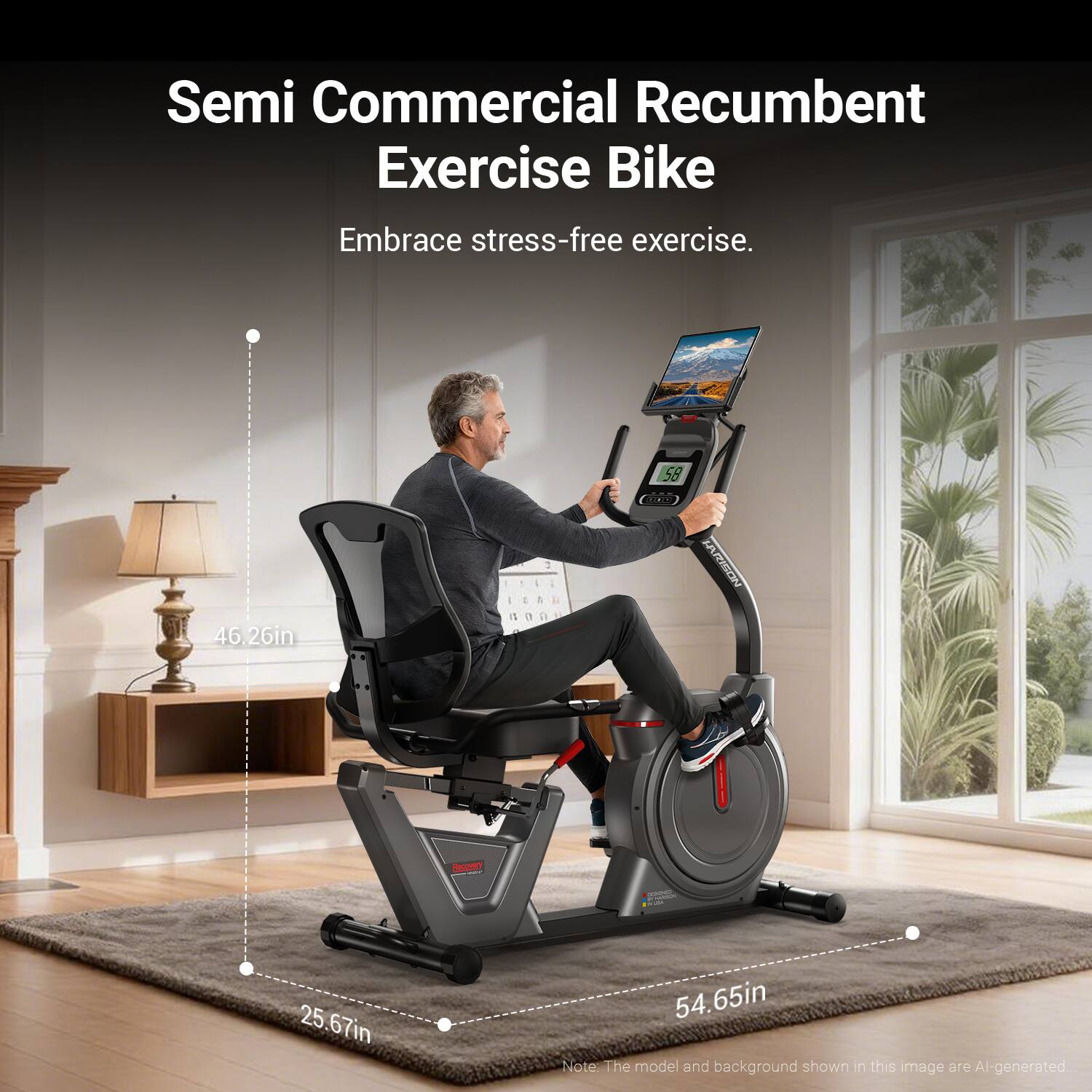 Semi Commercial Recumbent Exercise Bike  
Embrace stress-free exercise.  
58 h MRISON  
46.26in - 25.67in - 54.65in  
Note: The model and background shown in this image are AI-generated