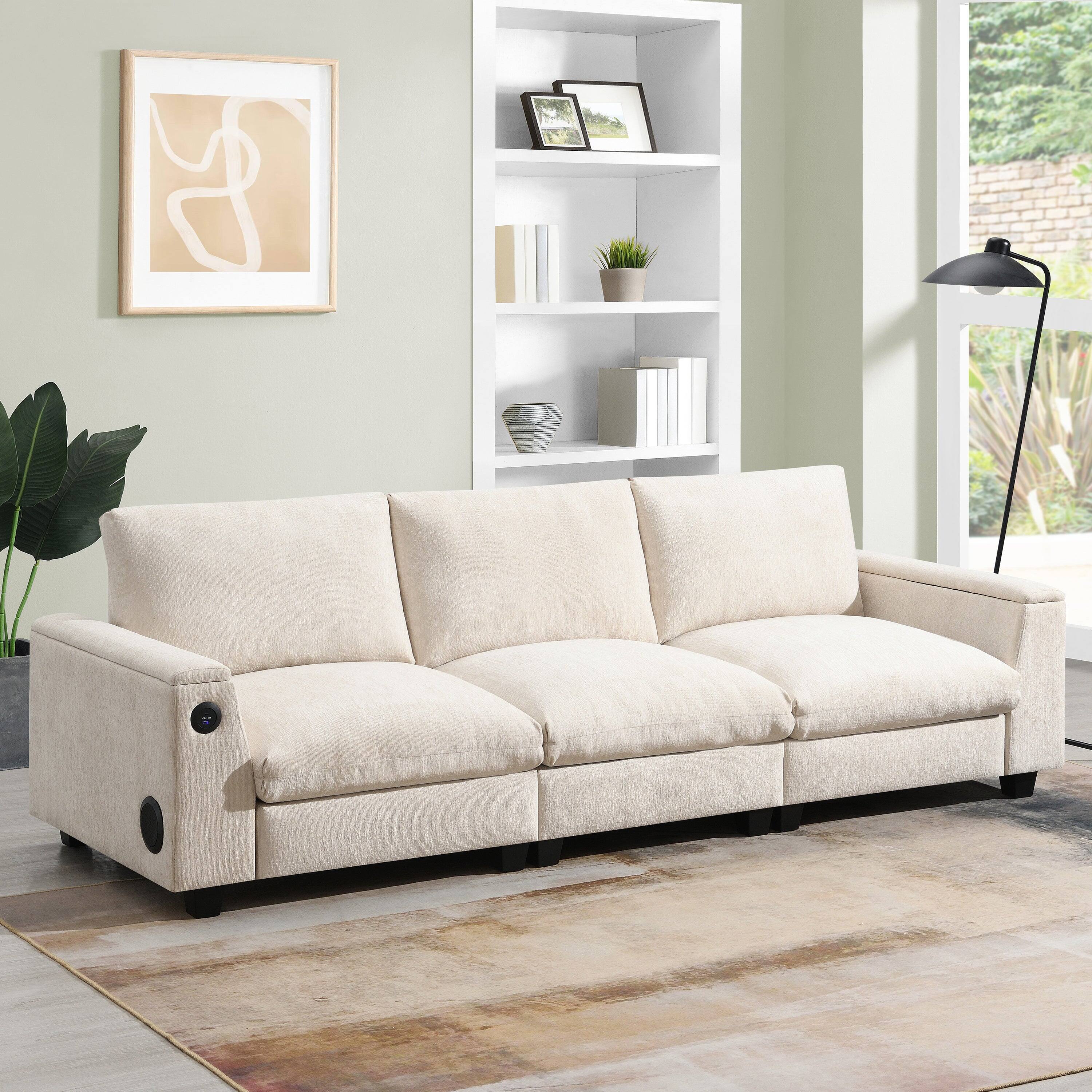 Alt View 1. Boyel Living - 3 Seat Beige Chenille Sectional Sofa with Bluetooth Speaker USB Charger Drop Down Table - Beige.