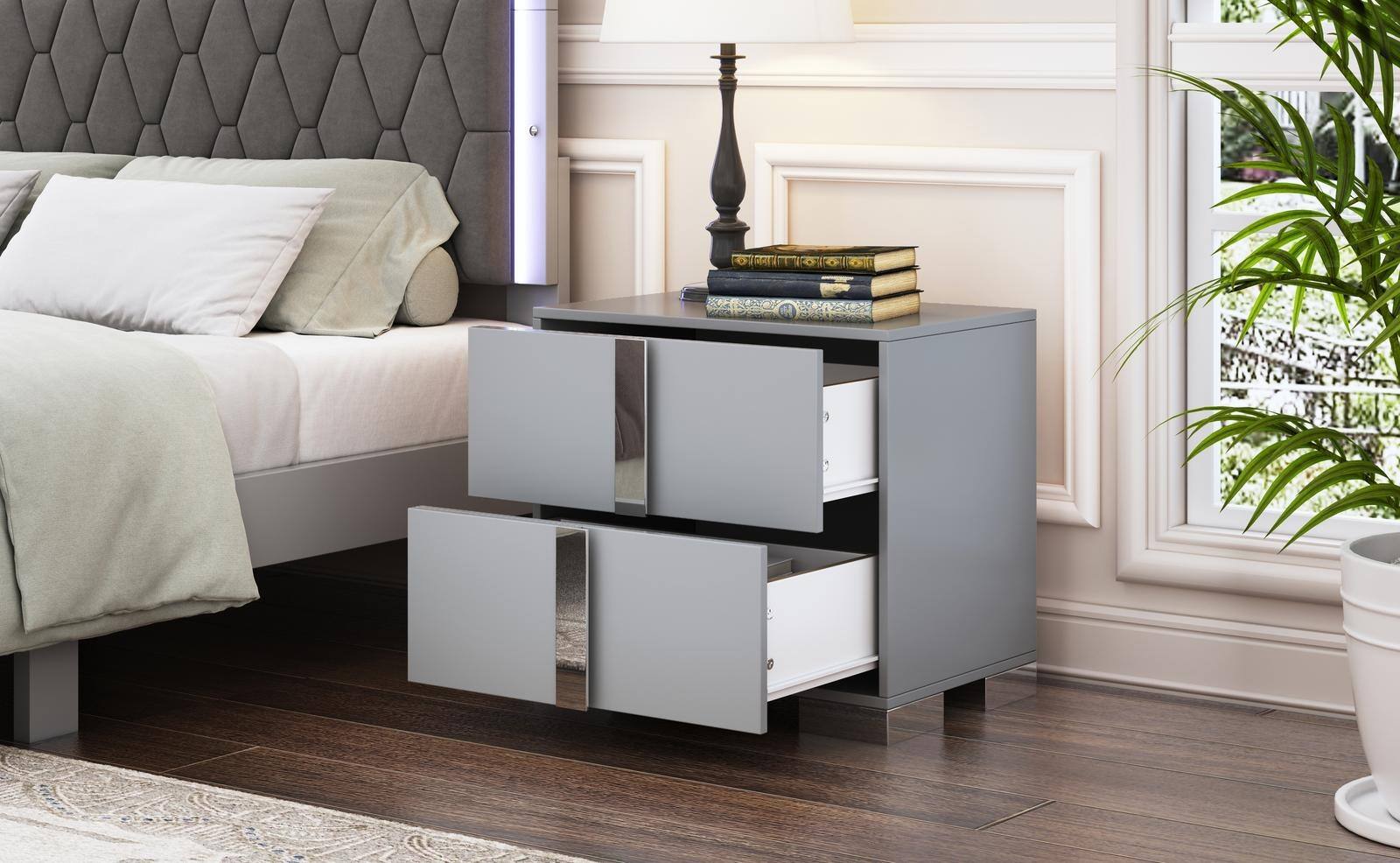 Alt View 4. Spaco - Spaco 2 Drawers Elegant Nightstand with Metal Foot, Mirrored Bedside Table for Bedroom, Living Room - Gray.