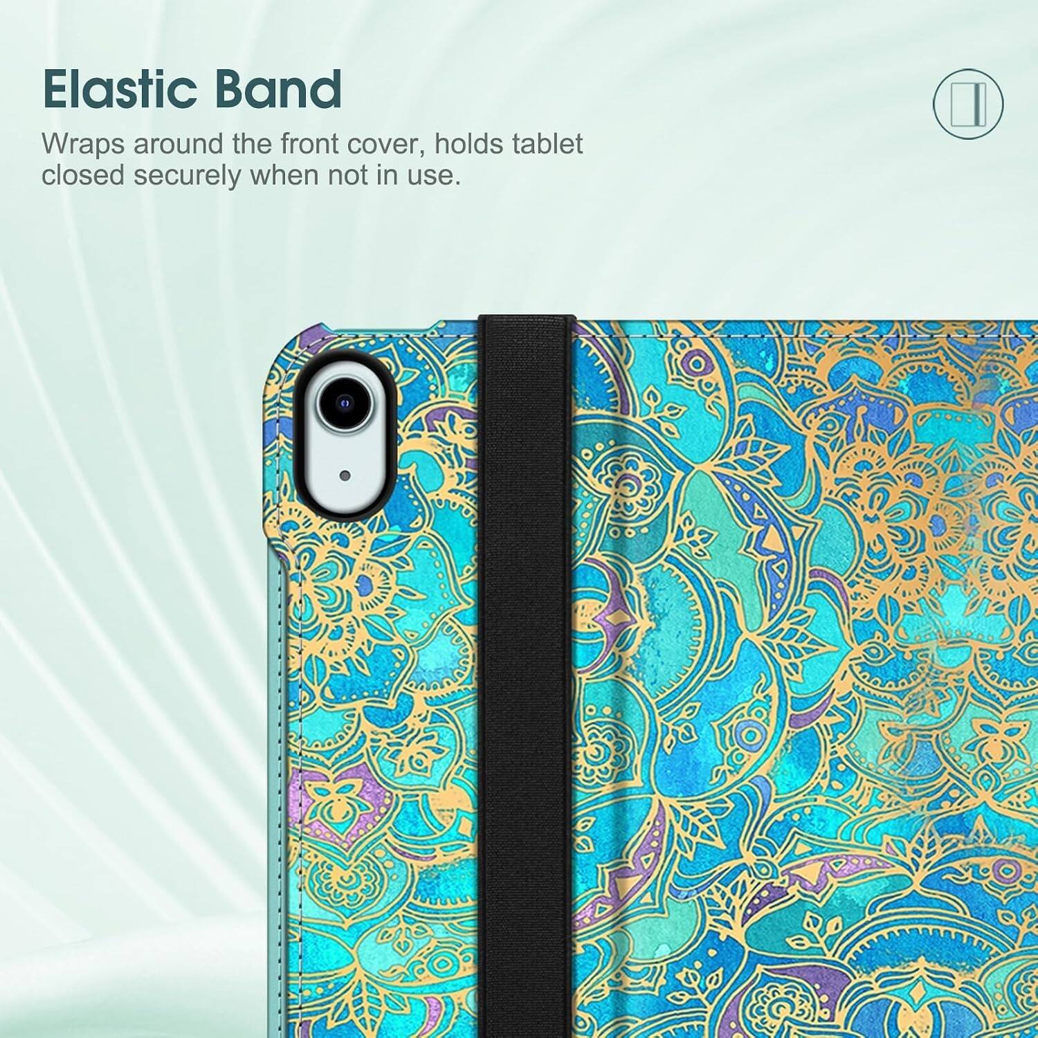 Elastic Band Wraps around the front cover, holds tablet closed securely when not in use.