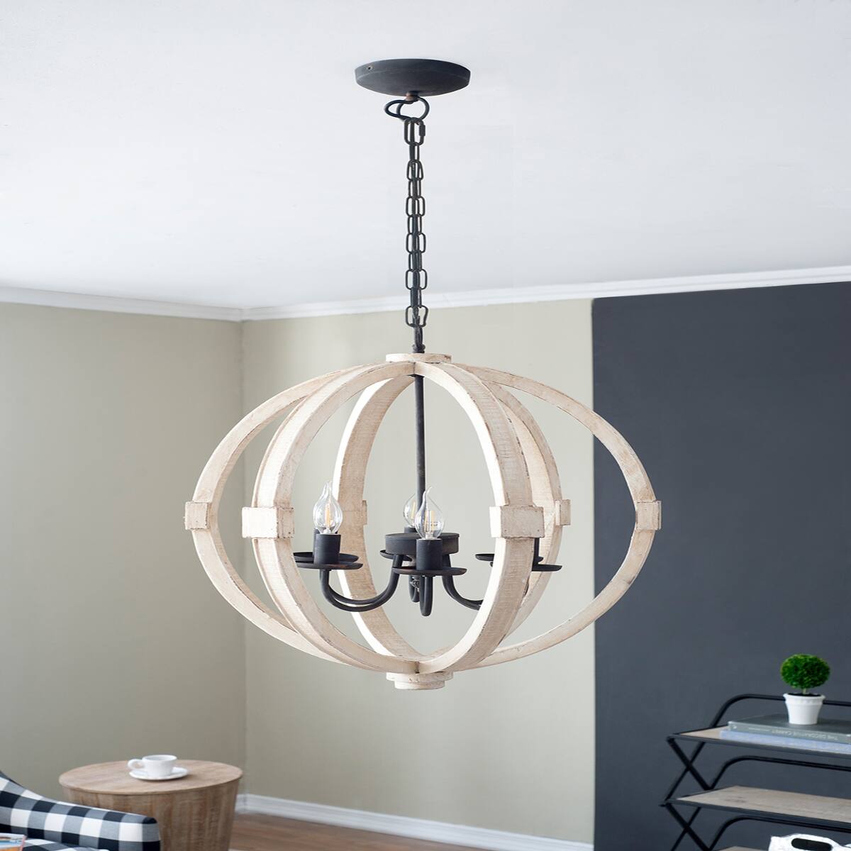 Front. Loheer - Loheer Six Light Wood Chandelier, Distressed White Finish, Adjustable Chain for Dining Room or Foyer.