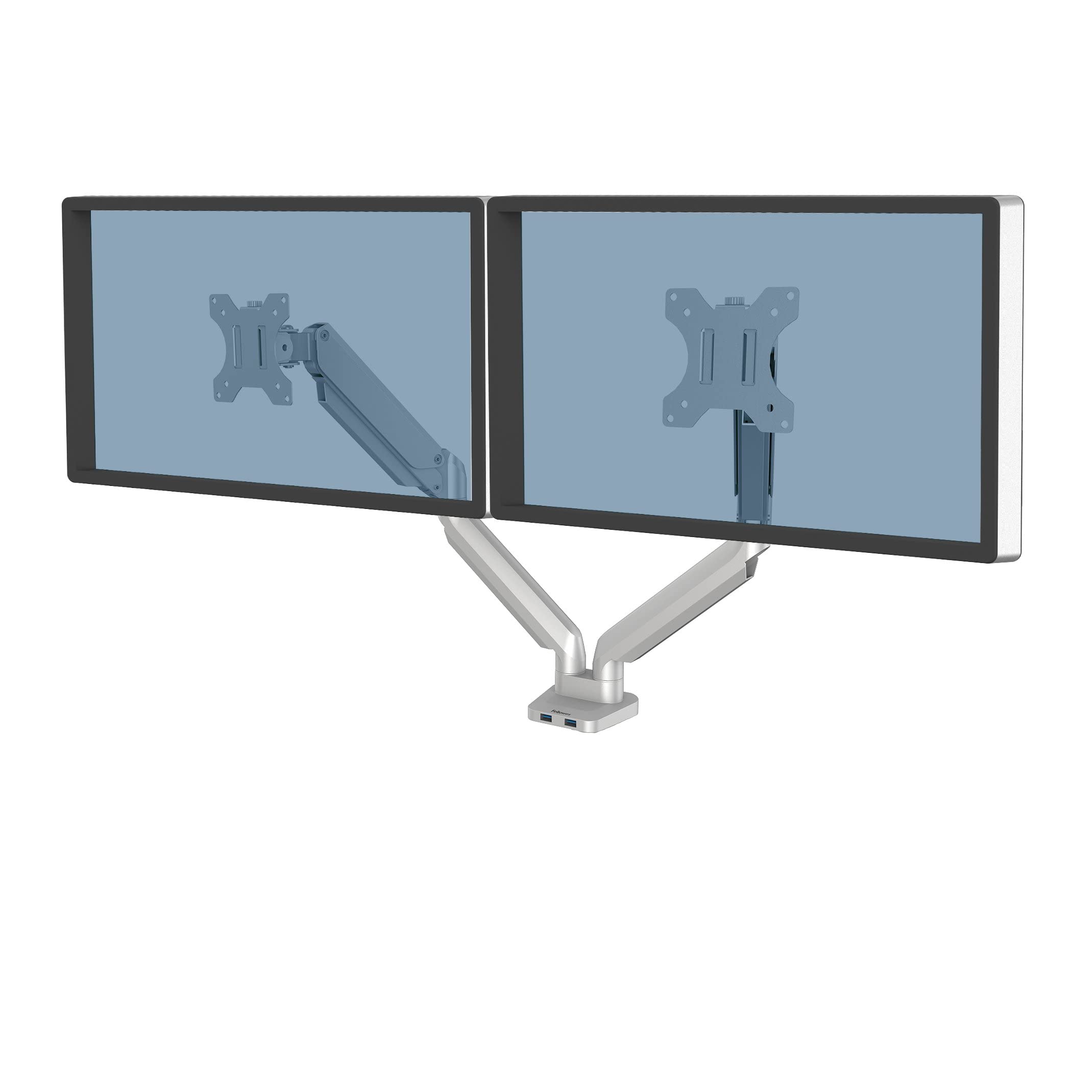 Angle. Fellowes - Platinum Series Dual Monitor Arm, For 40" Monitors, 360 deg Rotation, 45 deg Tilt, 180 deg Pan, Silver, Supports 17.6 lb - Silver.