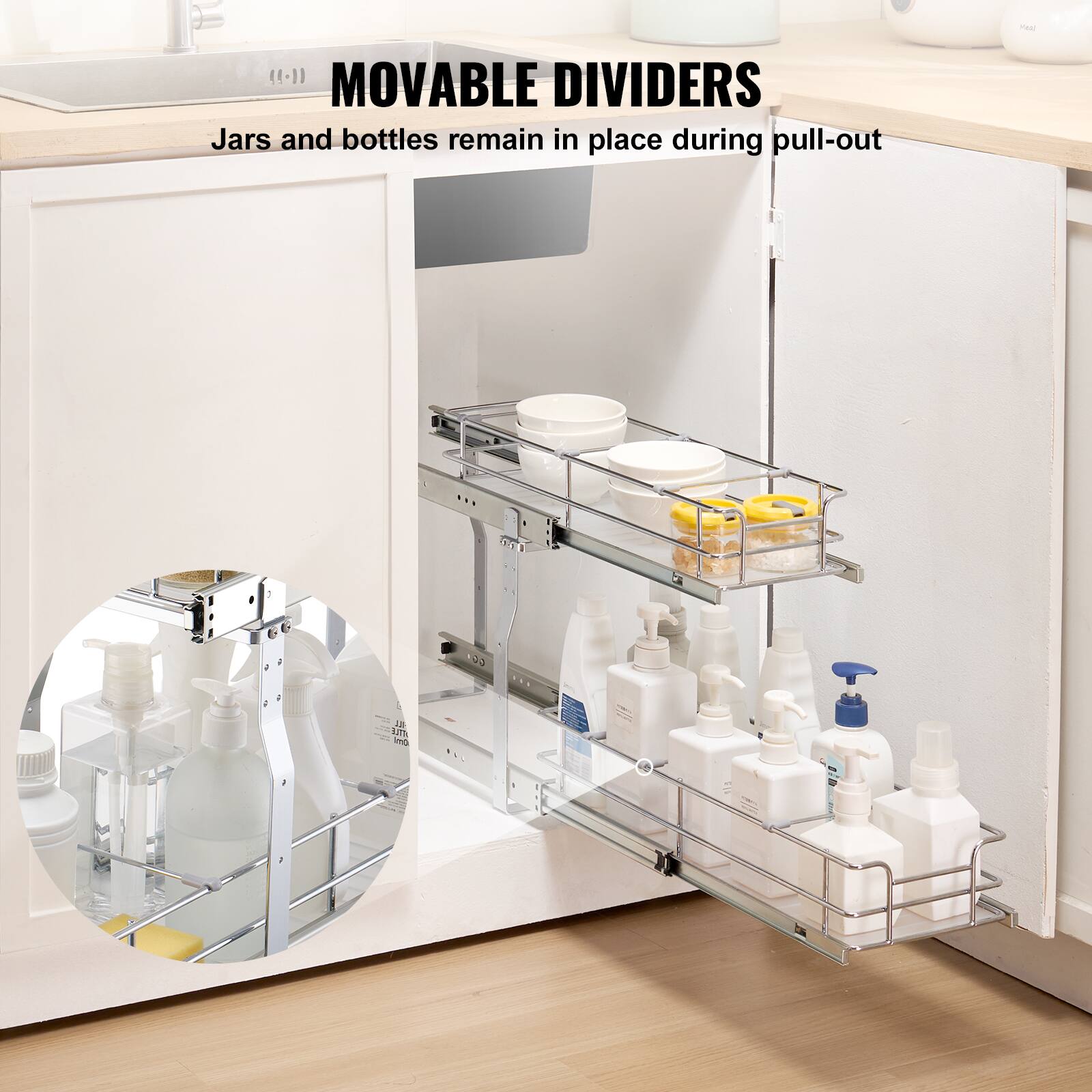 ((-1) MOVABLE DIVIDERS Jars and bottles remain in place during pull-out in pull-out)