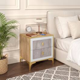 WELLFOR - Nightstand with 2 Pull-Out Drawers - Natural and Golden