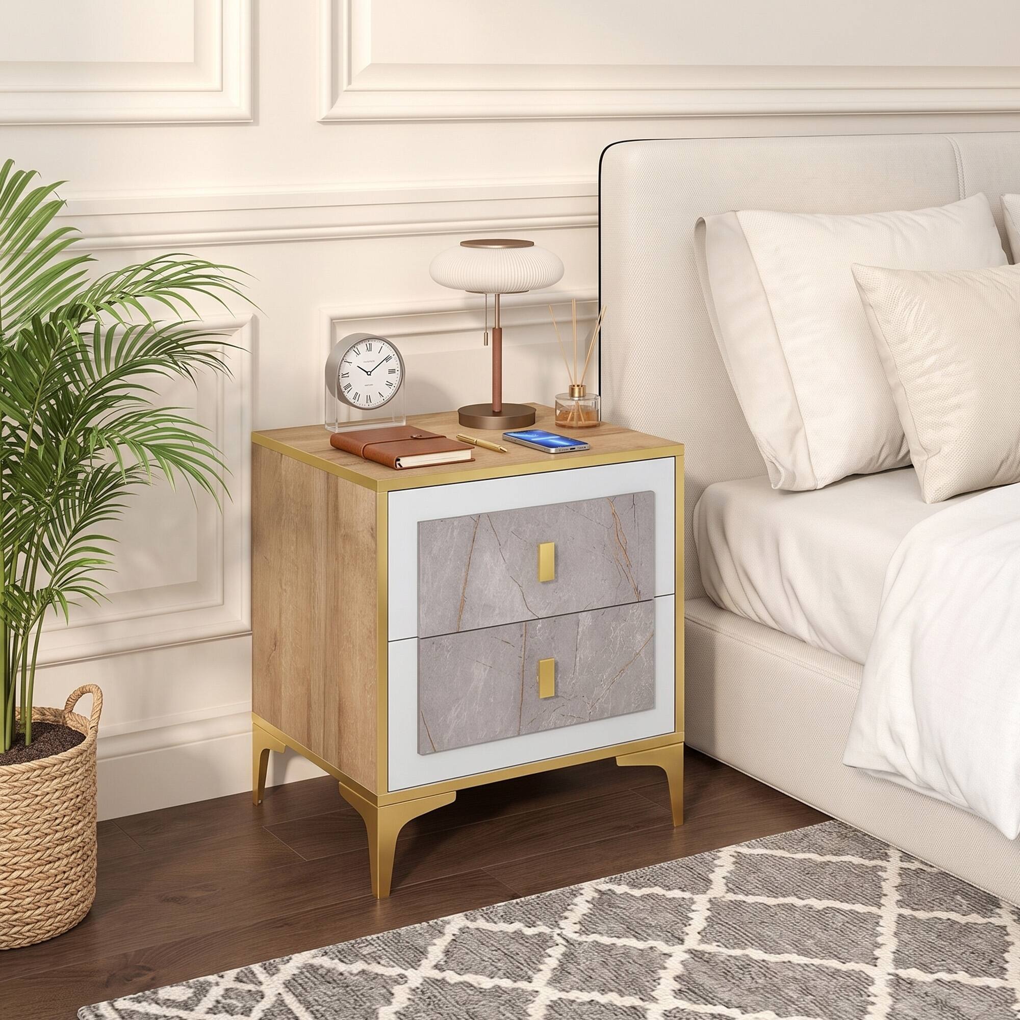 WELLFOR - Nightstand with 2 Pull-Out Drawers - Natural and Golden