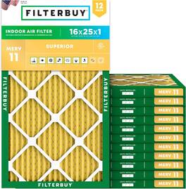 Filterbuy - 16x25x1 MERV 11 Pet & Allergy Defense, Electrostatic Pleated HVAC AC Furnace Air Filters Replacement (12-Pack) - Gold