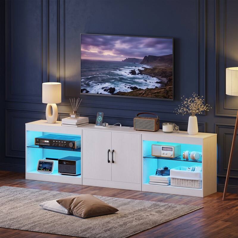 Angle. WELLFOR - Modern TV Stand for TVs up to 85" with Power Outlets, LED Entertainment Center TV Media Console - White.