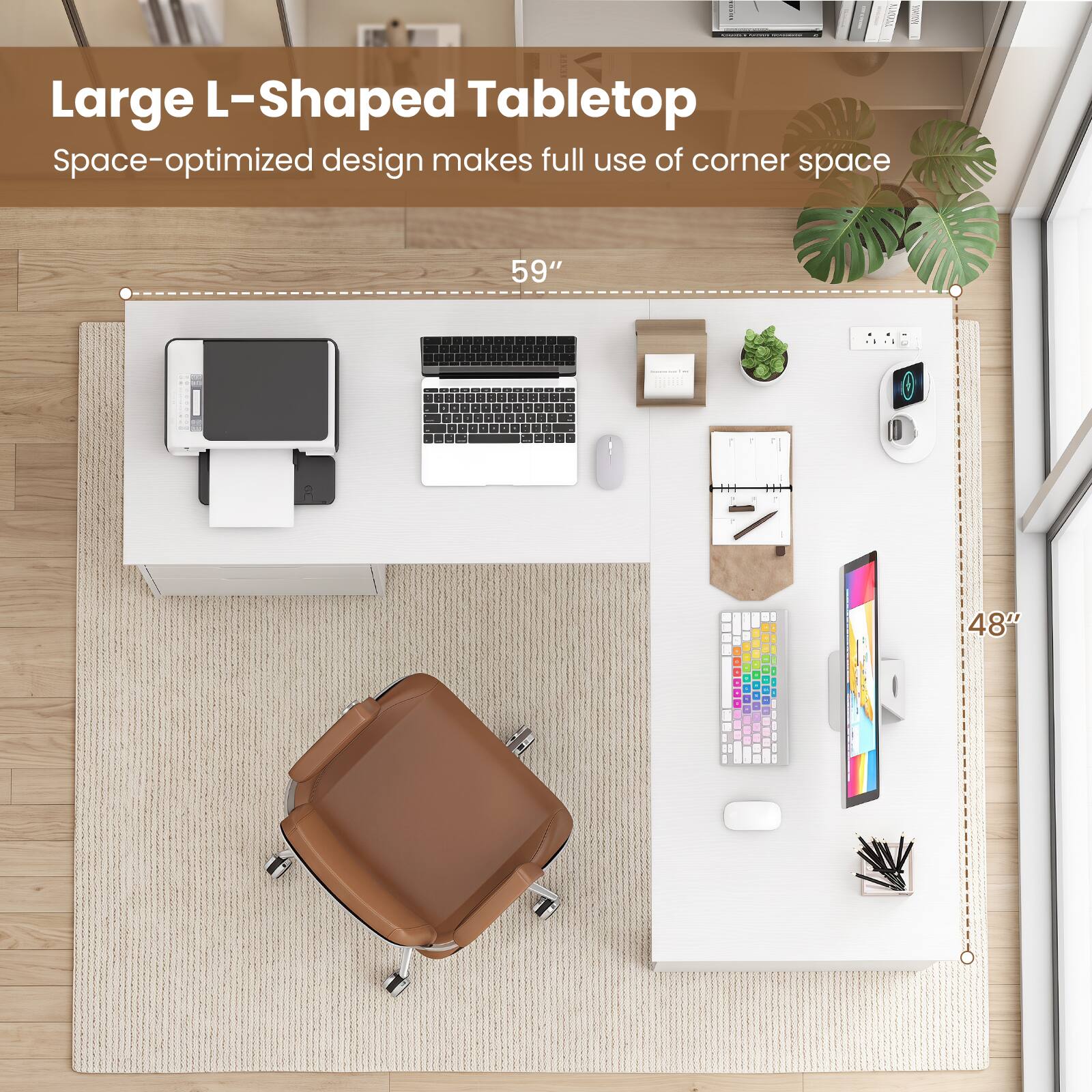 Large L-Shaped Tabletop  
Space-optimized design makes full use of corner space  
59"  
48"