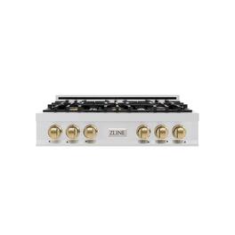 ZLINE - Autograph 36 in. Slide-In Classic Rangetop w/ 6 Burners in Stainless Steel & Champagne Bronze Accents - Stainless Steel