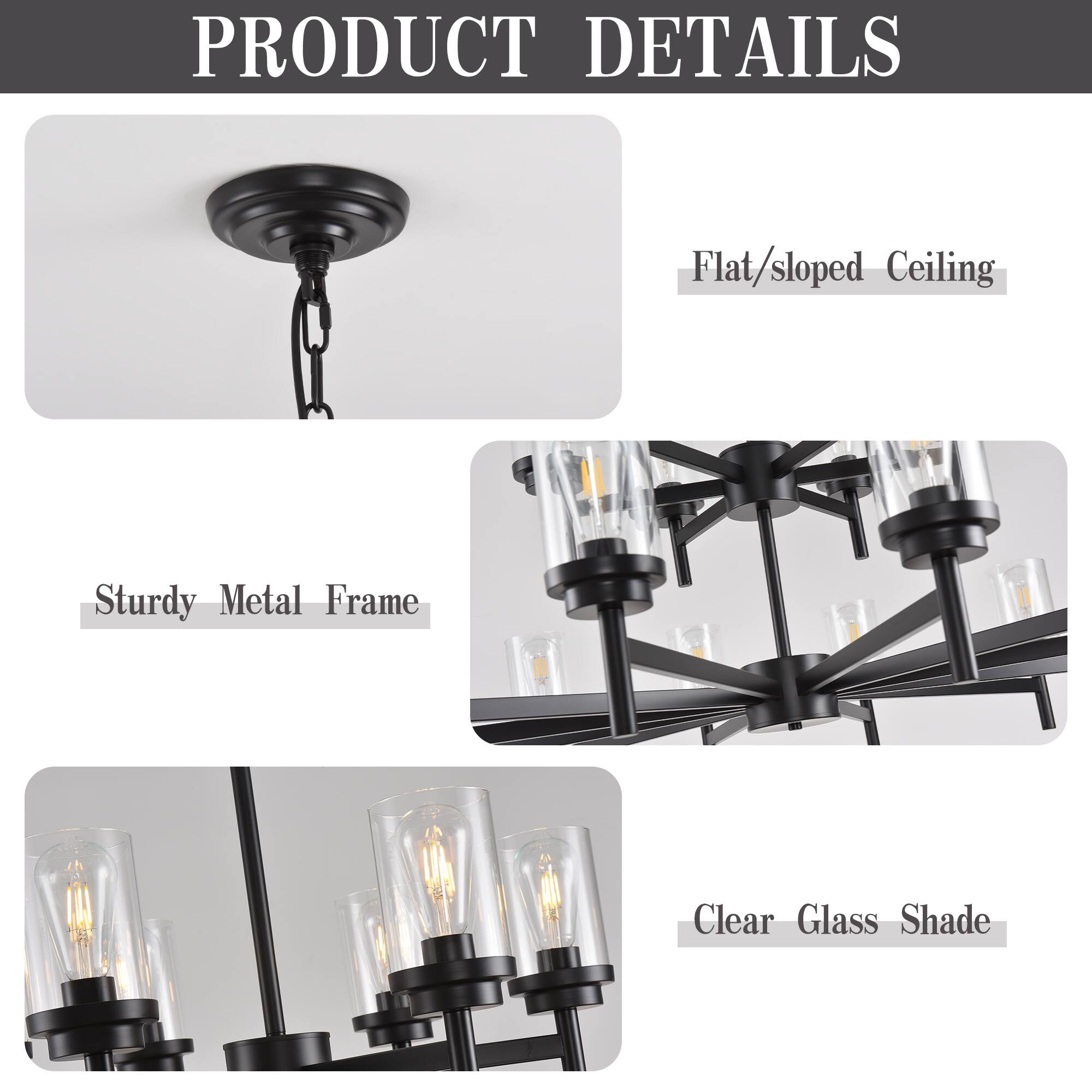 PRODUCT DETAILS

- Flat/sloped Ceiling
- Sturdy Metal Frame
- Clear Glass Shade