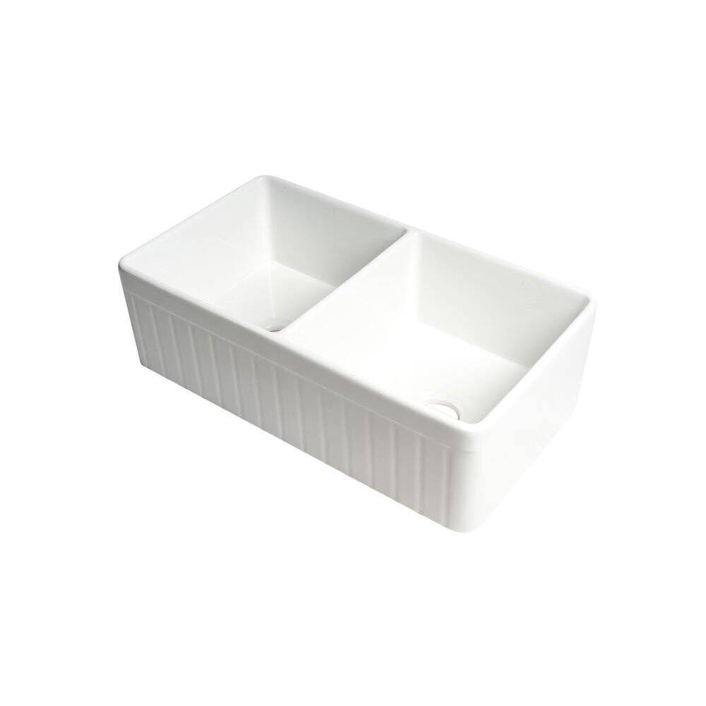 Front. Alfi - ALFI brand White Smooth Apron 33 x 18 Double Bowl Fireclay Farm Sink - White.