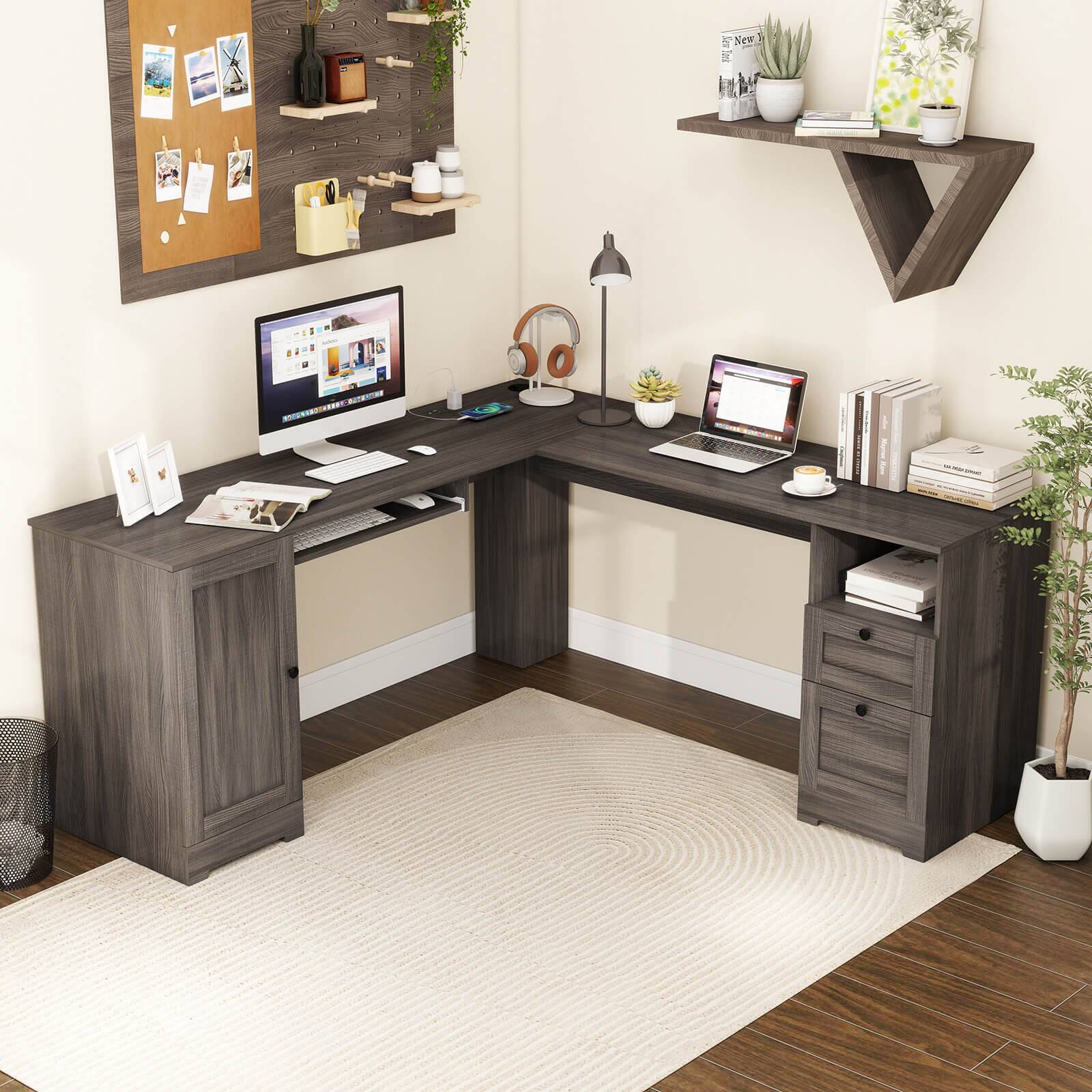 Alt View 1. Costway - Costway L-Shaped Corner Computer Desk Writing Table Study Workstation w/ Drawers - Dark Coffee.