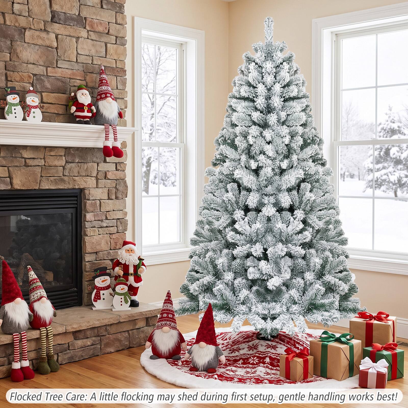 Flocked Tree Care: A little flocking may shed during first setup, gentle handling works best!