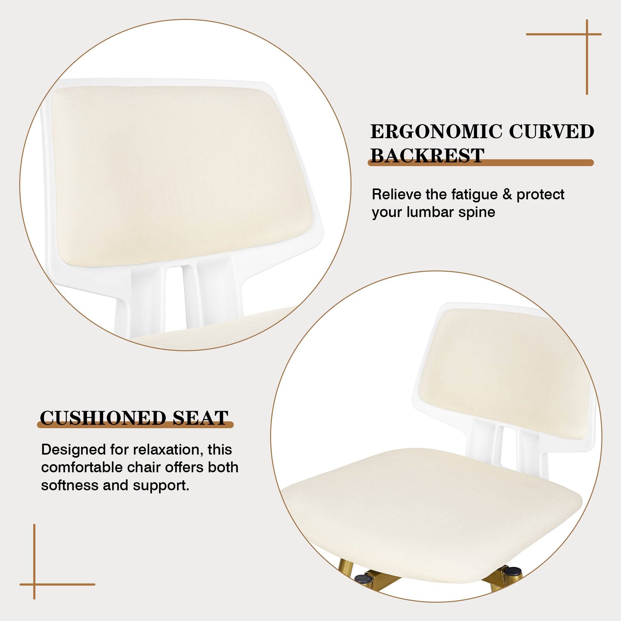 ERGONOMIC CURVED BACKREST  
Relieve the fatigue & protect your lumbar spine  

CUSHIONED SEAT  
Designed for relaxation, this comfortable chair offers both softness and support.