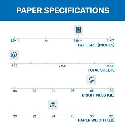 PAPER SPECIFICATIONS

PAGE SIZE (INCHES)
- 8.5x11
- A4
- 8.5x14
- 11x17

TOTAL SHEETS
- 500
- 2500
- 5000

BRIGHTNESS (GE)
- 90
- 92
- 94
- 96
- 98
- 100

PAPER WEIGHT (LB)
- 20
- 22
- 24
- 28
- 30
- 32